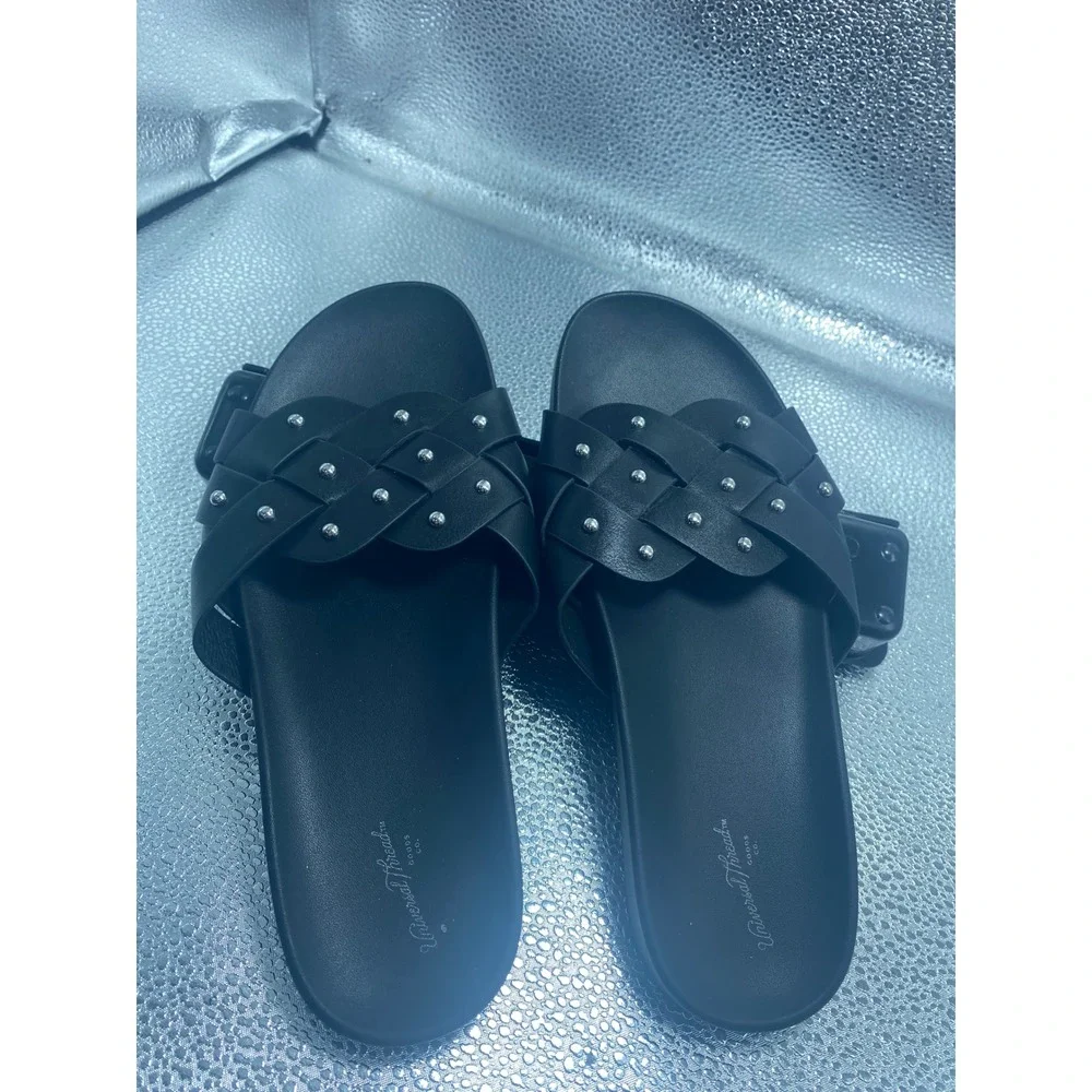 Universal Thread Women Braided Studded Slide Sandals Black Silver Accents Size 7
